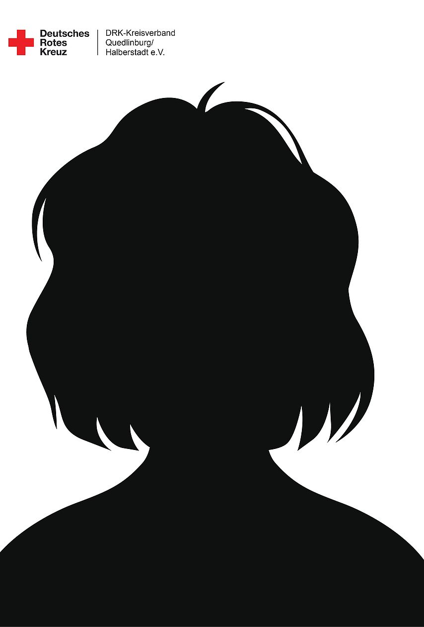 Bild einer weiblichen Silhouette bis zu den Schultern, schwarz auf weißem Hintergrund. Oben links das DRK-Logo im Bild.