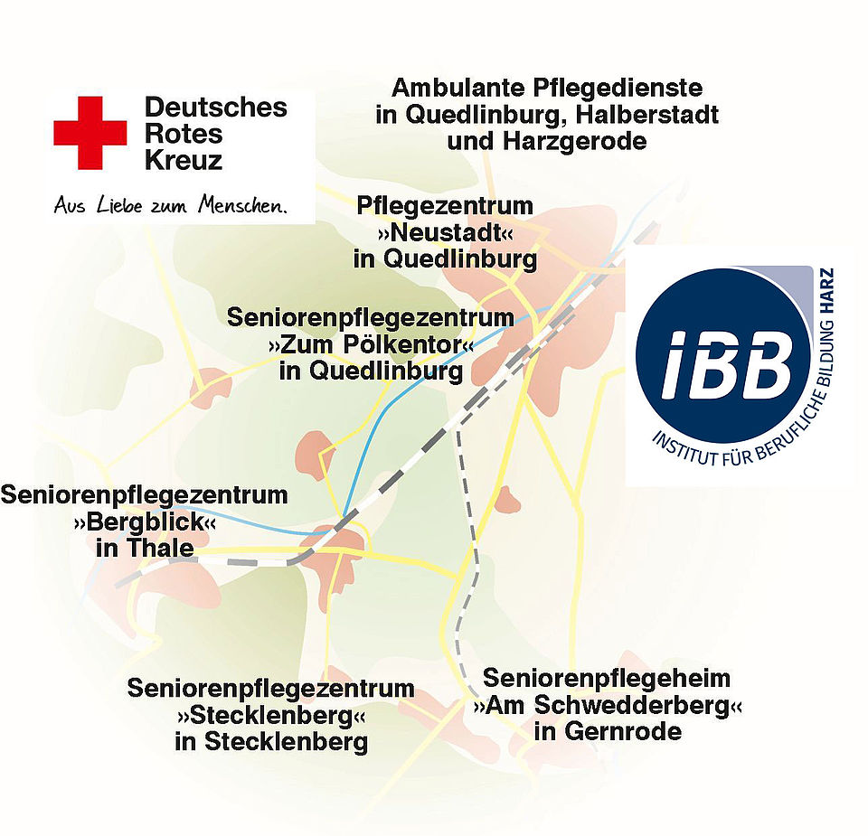 Karte_Standorte_DRKplusIBB_Harz Karte mit Standorten der Ausbildungsorte des DRK Quedlinburg/ Halberstadt und dem Logo des Bildungspartners IBB Harz
